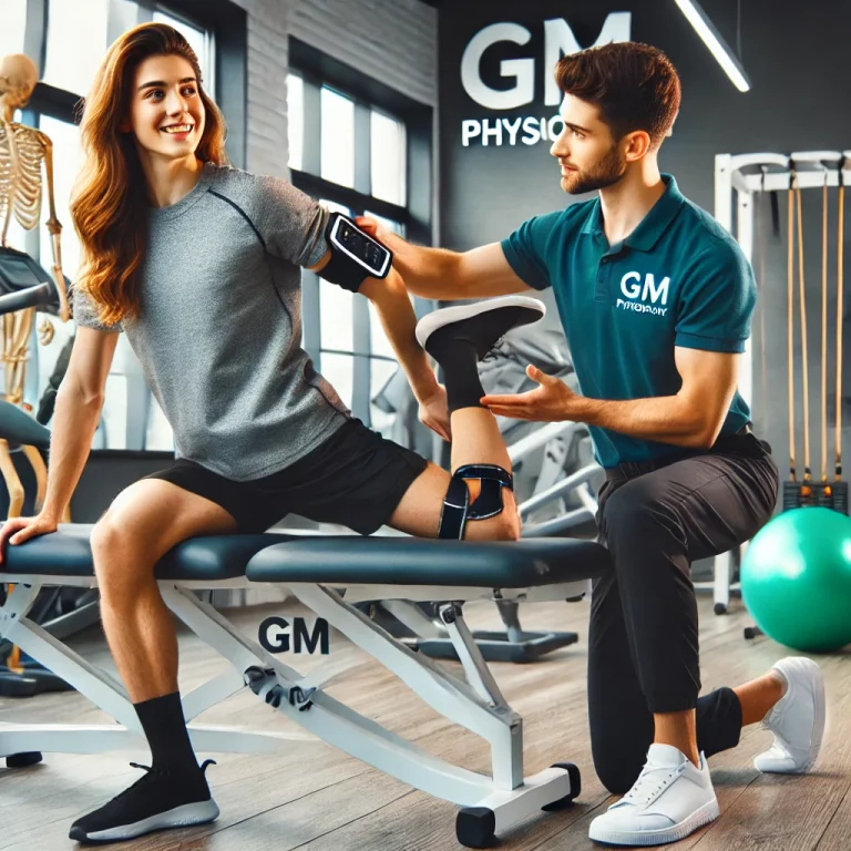 Dall·e 2024 07 07 09.00.36 A Female Physiotherapist At Gm Physiotherapy Demonstrating Rehabilitation Exercises To An Athlete With A Sports Injury. The Patient Is Performing Exer