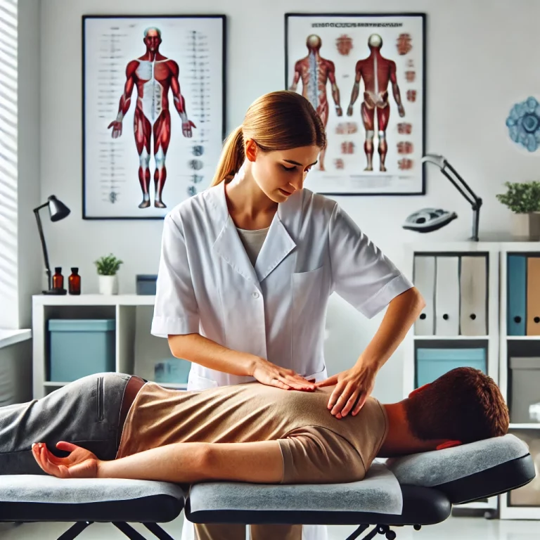 Dall·e 2024 07 07 09.03.37 A Patient Receiving Osteopathic Treatment In A Modern Clinic. The Patient Is Lying On A Treatment Table While A Female Osteopath, Dressed In Professio