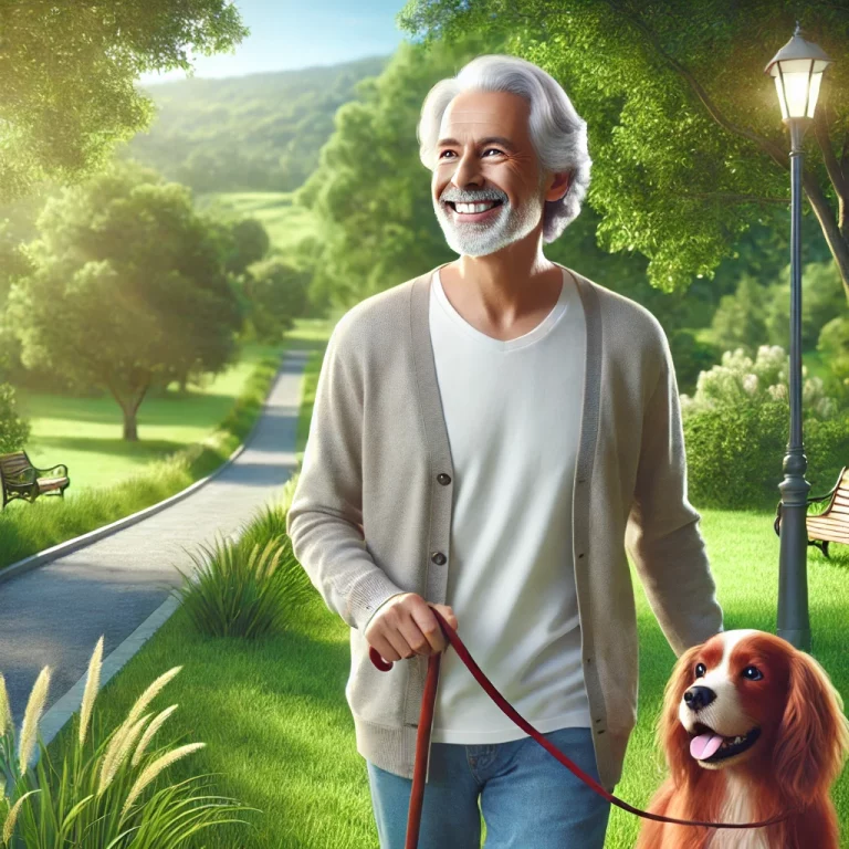 Dall·e 2024 12 10 16.33.03 A Photorealistic Image Of An Older Person Happily Walking Their Dog In A Scenic Park. The Individual Has A Joyful Smile And Is Dressed Comfortably For